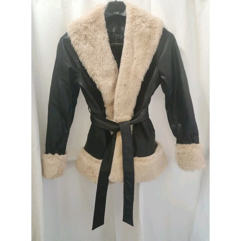 VTG Inspired Girls‎ Dark Brown Faux Fur & Faux  Leather Lined Belted Jacket Sz L